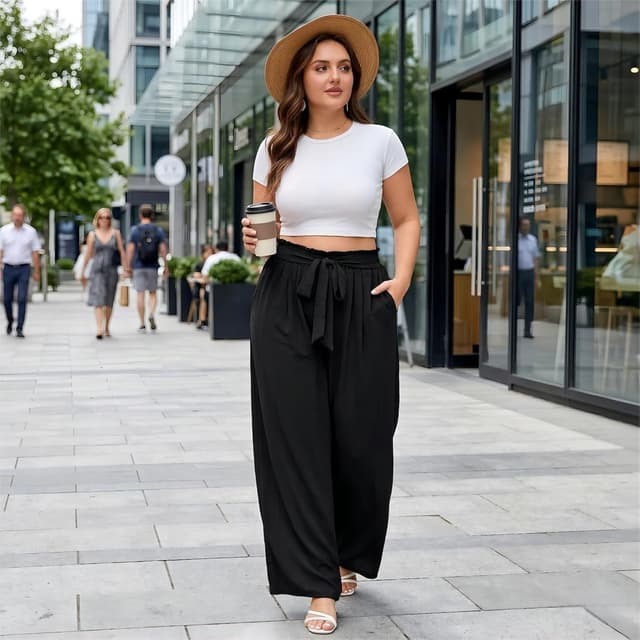Detalle de AusLook Plus Size Wide Leg Pants (High-Waist Elastic Palazzo) with Pockets, 1X–5X