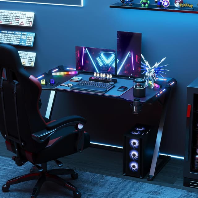 Detalle de Bureau gaming Claiks avec RGB LED, 140x60 cm (plateau fibre de carbone) et accessoires