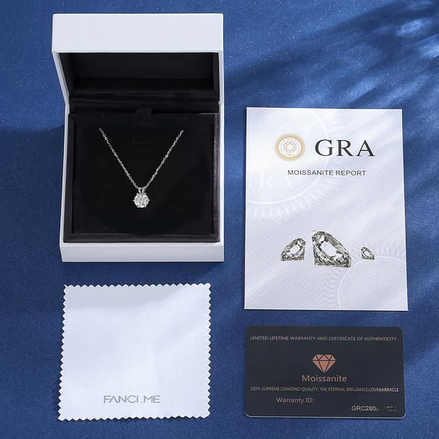 Detalle 2 de FANCIME Moissanite Kette aus 925 Sterling Silber mit runden Moissanit-Anhänger (VVS1, Farbe D) – 40+5 cm