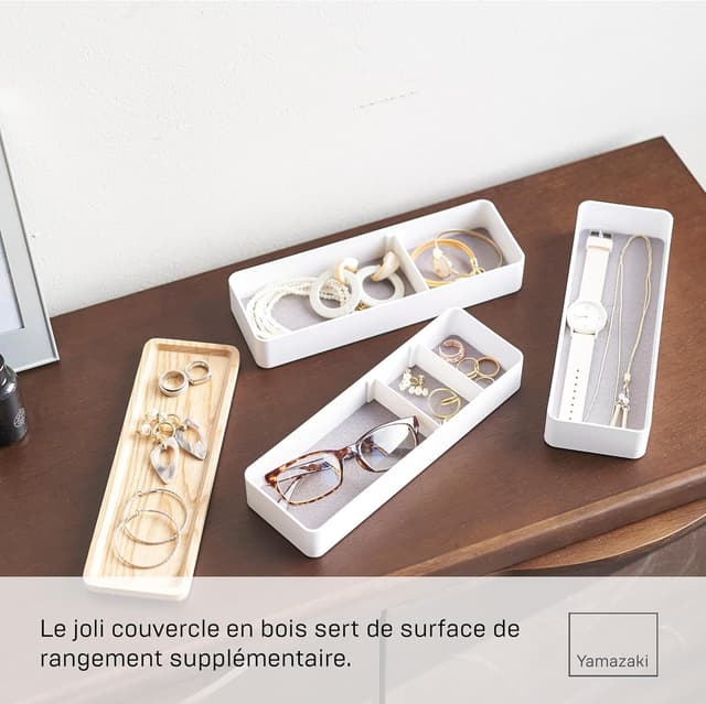 Detalle 2 de YAMAZAKI 5811 RIN – Mallette d’accessoires à 3 compartiments avec couvercle en bois (blanc)