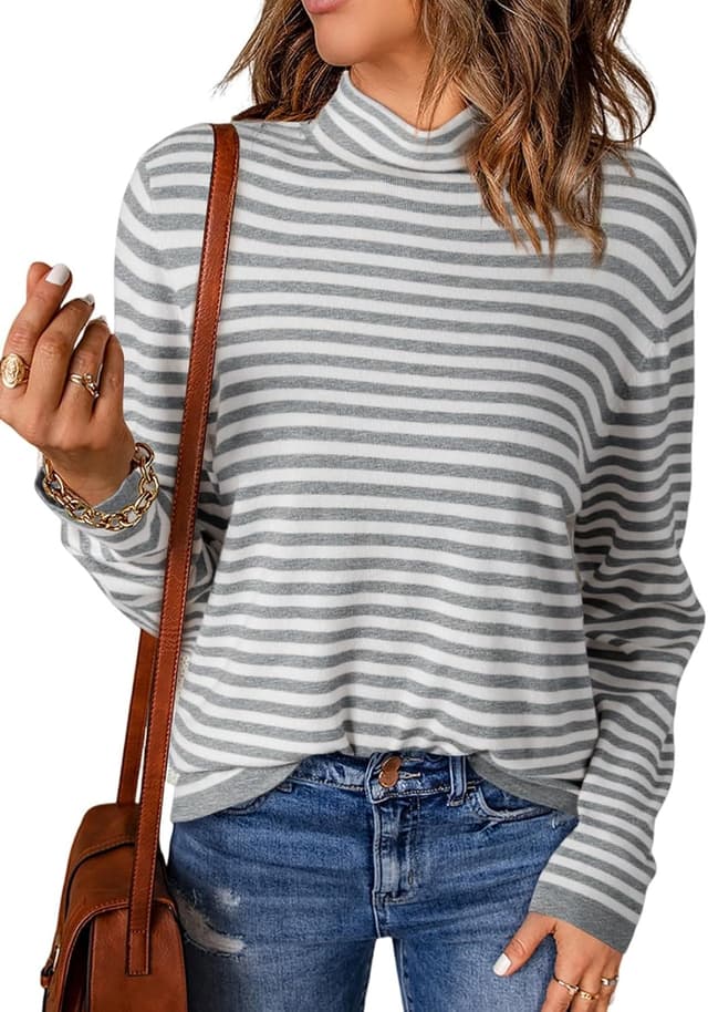 Detalle de Dokotoo Women’s Striped Pullover Jumper with Half Turtleneck (Long Sleeve, Lightweight Knit)