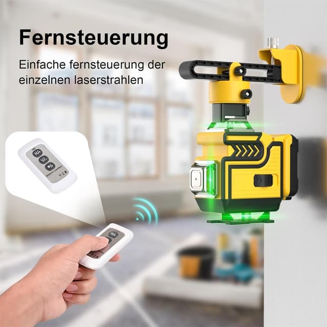 Detalle 2 de ansigtny Kreuzlinienlaser mit Stativ – 4×360° grüne Linien, selbstnivellierend (±3°), 1,6 m Stativ & Fernbedienung