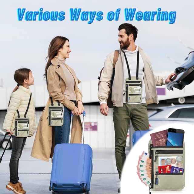 Detalle 2 de CORYIN Travel Neck Wallet Passport Holder with RFID Blocking and Waterproof Pouch – Light Grey