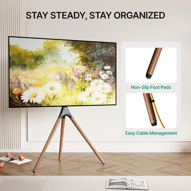 Detalle de ECOTINY Artistic Easel TV Stand (Tripod Floor Mount) for 43–65 Inch TVs, 180° Swivel, Max VESA 600×400mm, Black Walnut