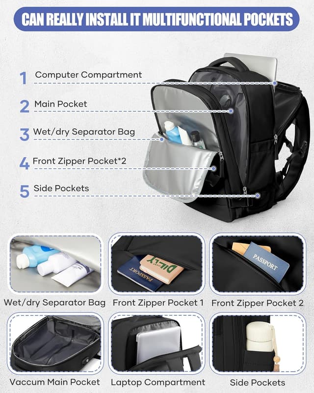 Thumbnail 6 de HPLQQ sac à dos sous vide de voyage 40×30×20 cm avec pompe, format cabine pour Ryanair (A01-Noir)