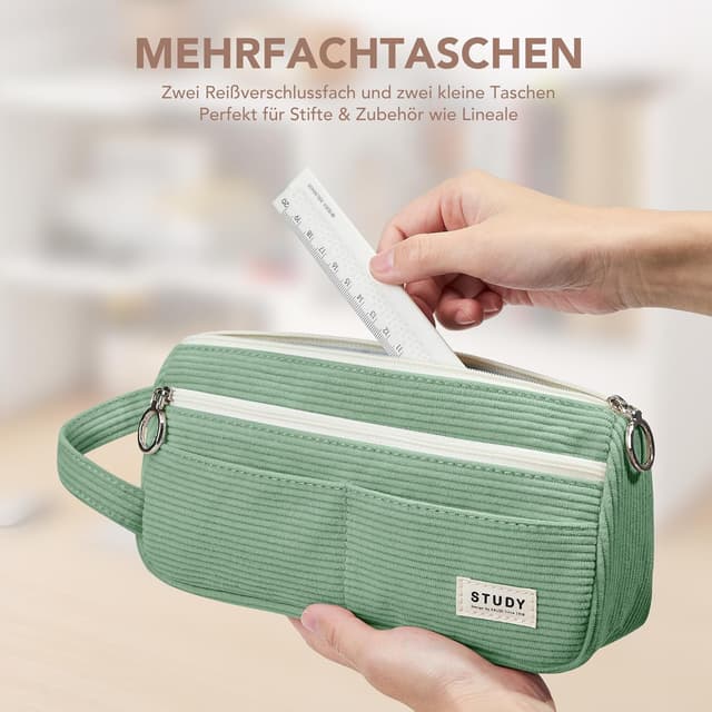 Detalle 2 de KALIDI Cord-Stoff Federmäppchen mit Tragegriff – großes Mäppchen für Schule, Büro & Teenager