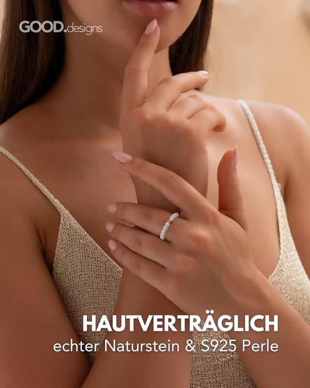 Detalle 2 de GD GOOD.designs anello antistress con pietre naturali e perlina placcata argento 925 dorato (misure 54-60)