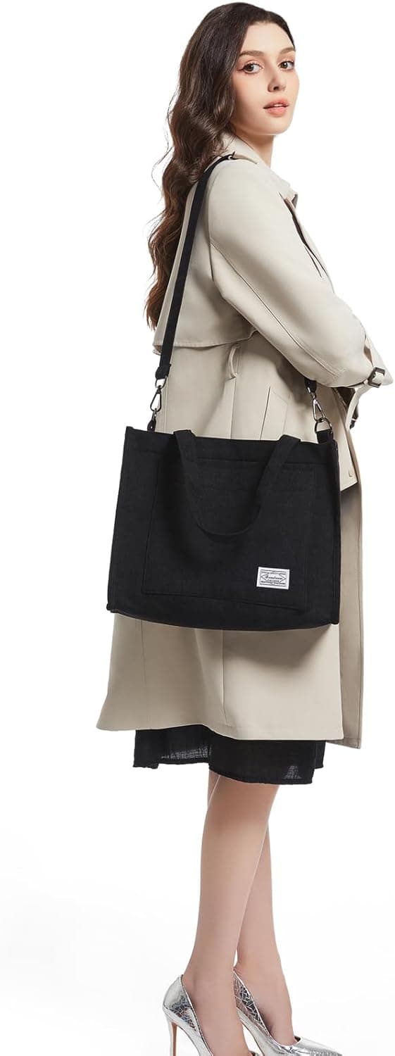 Detalle 2 de Tibroni Sac à main femme en velours côtelé noir : cabas rétro, bandoulière réglable