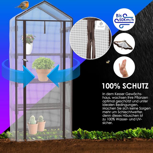 Detalle de KESSER® Premium Foliengewächshaus mit 4 Etagen – 69 x 50 x 158 cm Treibhaus für Anzucht auf Balkon & Garten