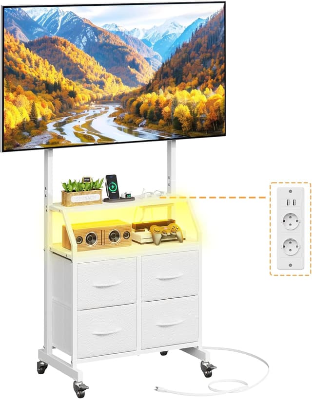 Detalle de OYRREU TV-Ständer mit LED, Rollen, integrierten Steckdosen & höhenverstellbarer Halterung (4 Schubladen, weiß)