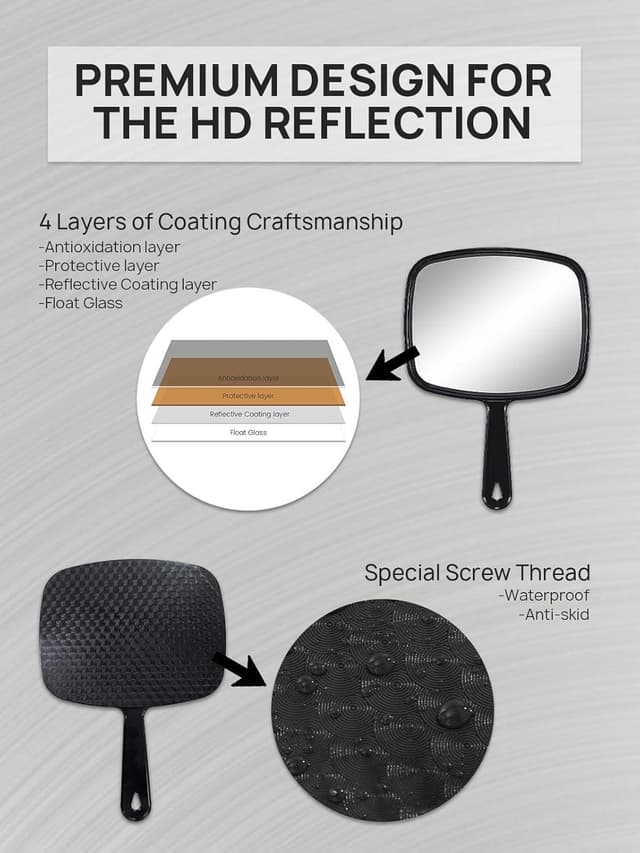 Detalle de OMIRO Hand Mirror (All Black) – rectangular handheld mirror, pack of 3, 16.8 x 23.6 cm