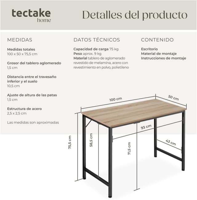 Detalle 2 de TecTake Mesa Escritorio 100x50 cm