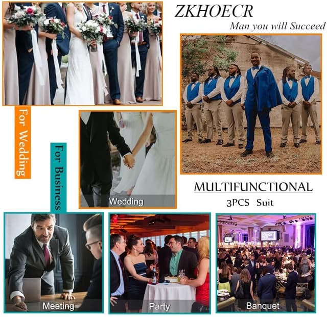 Detalle 2 de ZKHOECR Men’s 3-Piece Slim Fit Suit Set (Two-Button Blazer, Vest, Pants) for Weddings & Business