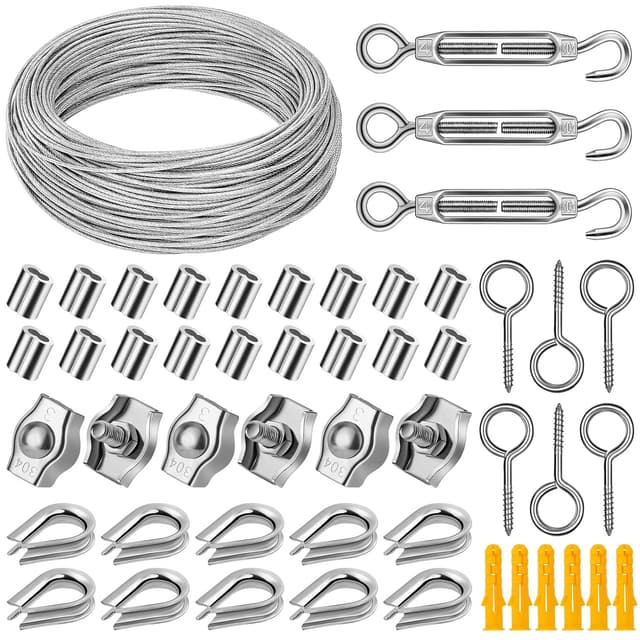 Detalle de DazzBoom Wire Rope Kit (50m) with PVC-coated stainless steel cable, turnbuckle tensioner and fittings for garden/DIY