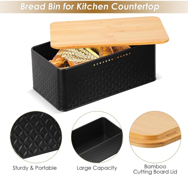 Detalle de Chuboir large bread bin: metal bread box with bamboo lid and cutting board