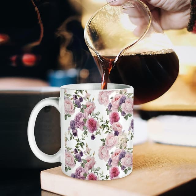 Detalle 2 de ENSFTF Ceramic Mug – Rose Pattern, 11oz (Dishwasher Safe) for Coffee, Tea & Hot Drinks