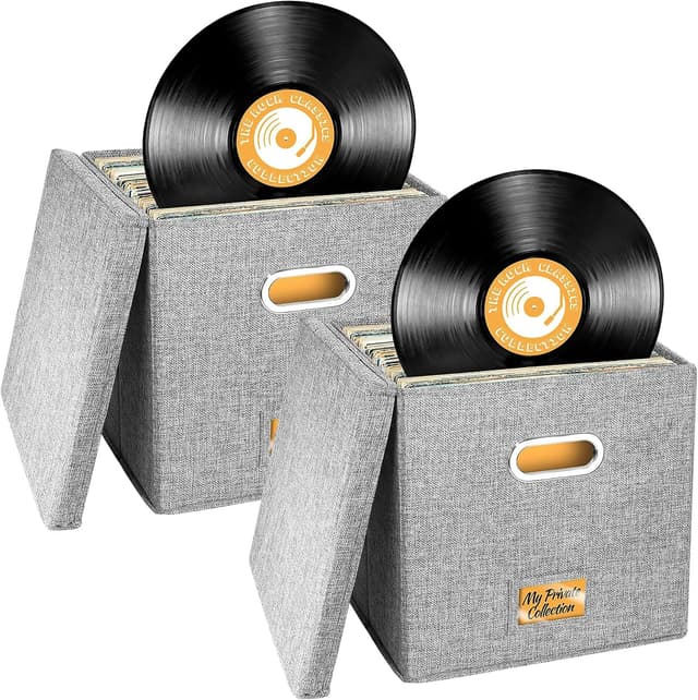 Detalle de Aolawco 2-Pack 12-inch Vinyl Record Storage Boxes with Lids & Handles (Grey) – Folding LP/ CD Organiser