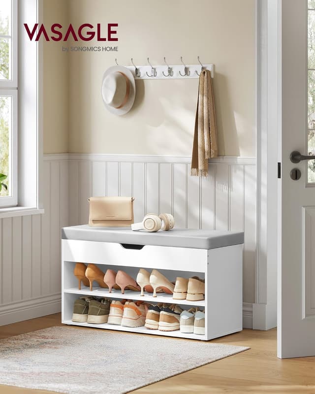 Detalle 2 de VASAGLE LHS022WB01 panca scarpiera con sedile imbottito e 3 scomparti, 30 x 80 x 44 cm (bianco nuvola e grigio tortora)