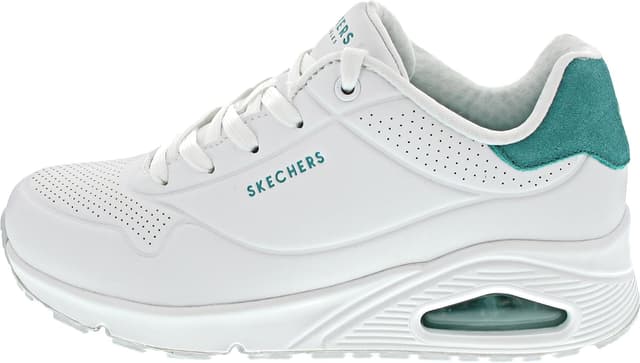 Detalle de Skechers Uno para mujer White Durabuck Purple Suede Trim (talla 38.5 EU): comodidad con espuma viscoelástica y suela flexible
