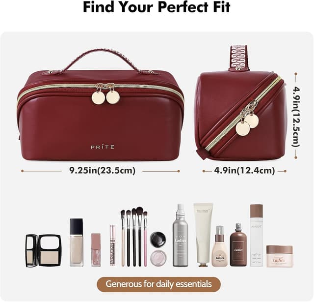 Detalle de Prite Große Kapazität Kosmetiktasche (PU-Leder, dunkelrot) mit transparenter Trenn-Einlage