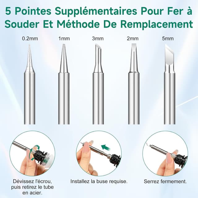 Thumbnail 6 de Kit fer à souder OneAmg 80 W à température réglable 180–500 °C (5 pannes) avec fil, pompe à dessouder et accessoires