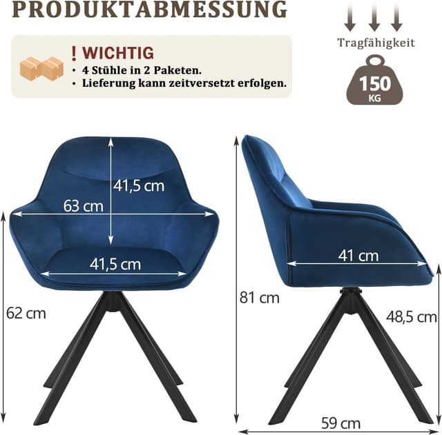 Detalle de Goeurvant set di 4 sedie da pranzo girevoli con braccioli in velluto blu scuro