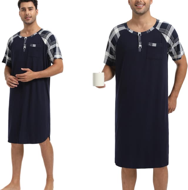 Detalle de Enjoyoself Herren-Nachthemd Kurzarm aus Baumwolle – langes Schlafshirt mit Knöpfen