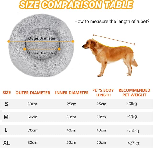 Detalle de OKPOW Donut Dog Bed Medium (60cm) with Removable Washable Cover, Anti-Anxiety Calming Plush Pet Bed