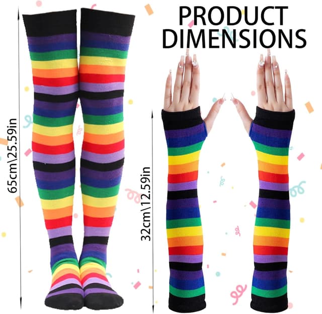 Detalle de CWENDANER Regenbogen High Overknee Strümpfe Damen/Mädchen mit fingerlosen Handschuhen-Set