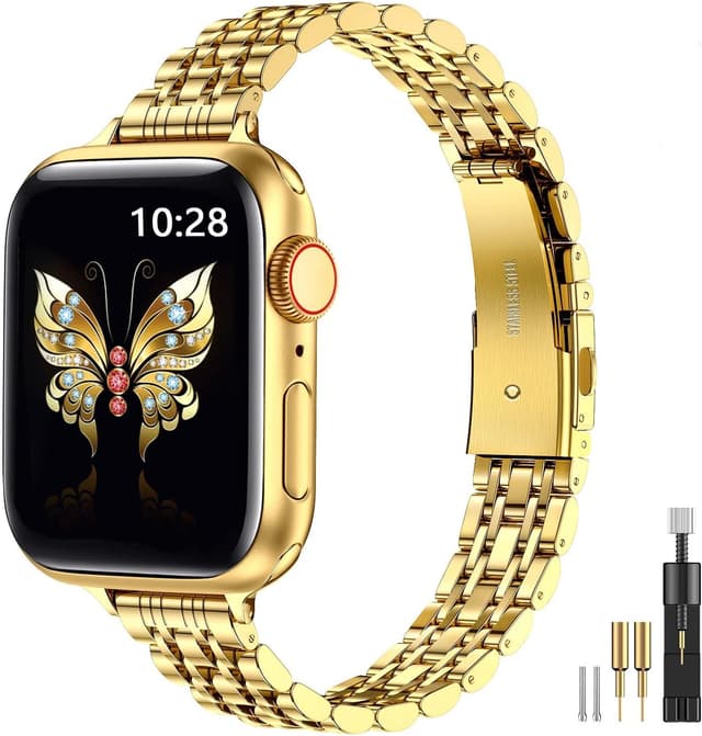 Detalle de MioHHR Slim Straps Thin Stainless Steel Chain Band for Apple Watch (Gold) – 42mm–49mm compatible