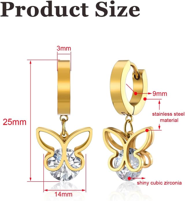 Detalle de PiercingJak Schmetterling Ohrringe aus Gold-Edelstahl mit Zirkonia – Creolen mit Anhänger für Damen