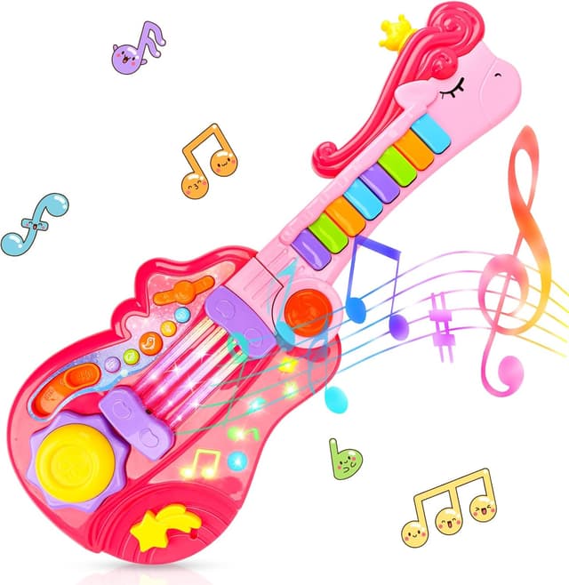 Detalle de m zimoon Kids Toy Guitar 2 in 1 (folding guitar & piano) with strap, pink crown