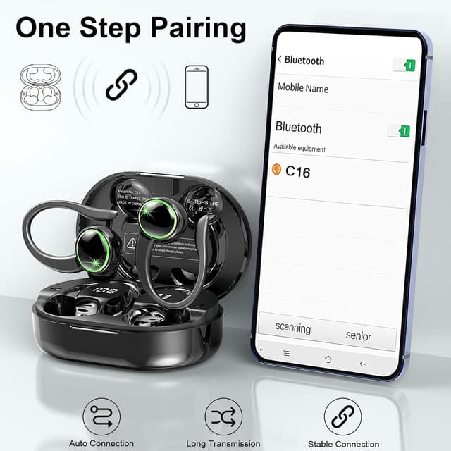 Detalle 2 de Wireless Earbud Bluetooth 5.4 Sports Headphones with Earhooks, ENC Noise Cancelling & 50H Playtime (IP7 Waterproof) — In-ear Wireless Earbuds