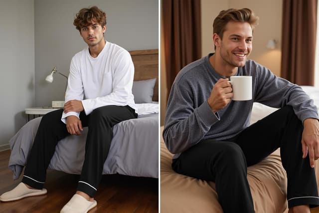 Detalle de Crewhpo Pantalon de pyjama homme en coton (mélange 65% coton/35% polyester) avec taille élastique et cordon, poches