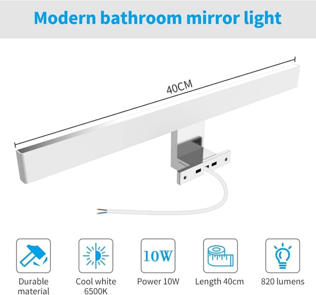 Detalle 2 de Aourow Lámpara de Espejo Baño 10W 💡, Resistente al Agua, 40cm