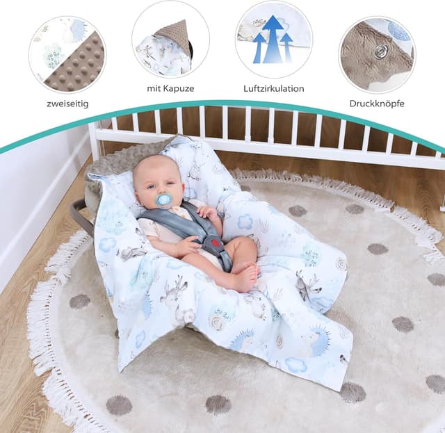 Detalle de Einschlagdecke für Babyschale 90x90 cm – Fußsack/Blanket für Kinderwagen & Autositz (Minky, Oeko-Tex)