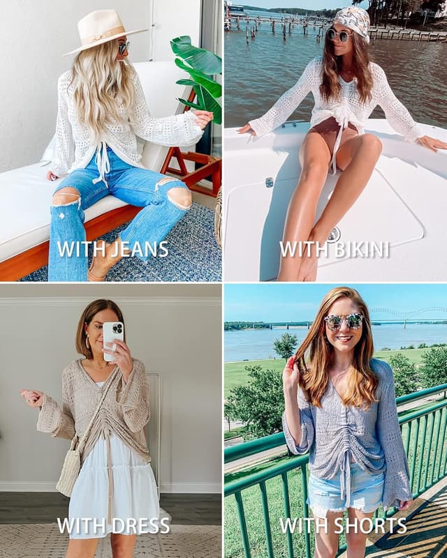 Detalle 2 de Saodimallsu Women’s Boho Off-Shoulder Sheer Crochet Bell-Sleeve Crop Top Sweater