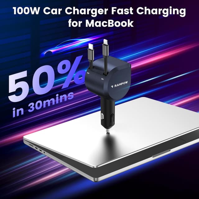Detalle de RAMPOW 100W Zigarettenanzünder USB‑C 4‑in‑1 (einziehbares Auto-Ladegerät) mit 65W Schnellladung