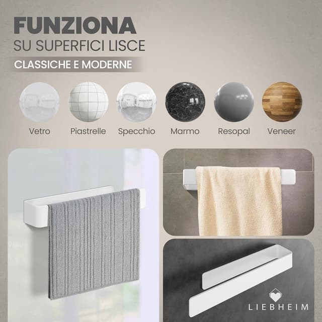 Detalle de LIEBHEIM Porta Asciugamani adesivo da parete in alluminio bianco (22 cm) – senza forare