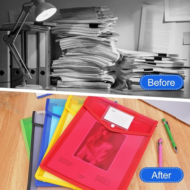 Detalle 2 de Vicloon Sichttasche Dokumenten, 5er Set A4 (Blau/Gelb/Rot/Grün/Weiß) mit Druckknopf