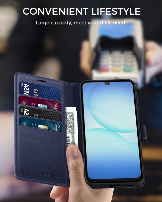 Detalle de AIMOYU Galaxy A17 5G Leather-Style Flip Wallet Case (Blue) with Kickstand, 4 Card Slots & RFID Blocking