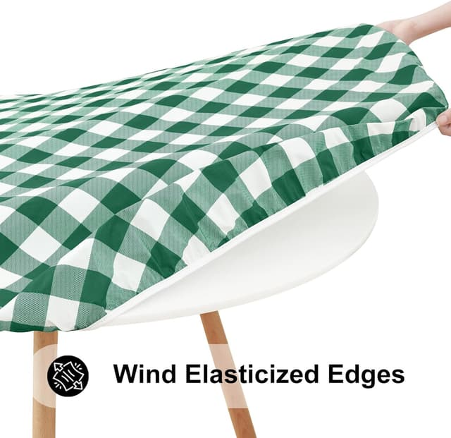 Detalle de Smiry Round Picnic Tablecloth (45–56 in) — Elastic Fitted Vinyl Waterproof Cover with Flannel Back, White & Emerald Green