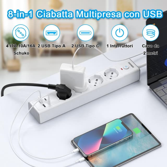 Detalle 2 de TOPREK Ciabatta Multipresa 4000W con 2 USB C