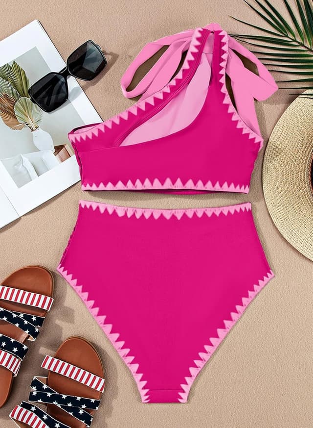 Detalle de Herseas Women’s One Bow Shoulder Ruched One-Shoulder Bikini Set (2-Piece)