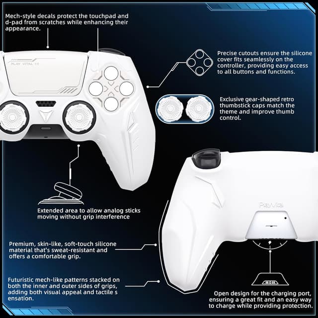 Detalle de PlayVital Silicone Grip Skin for PS5 Controller (Anti-Slip) – CyberMech design, white