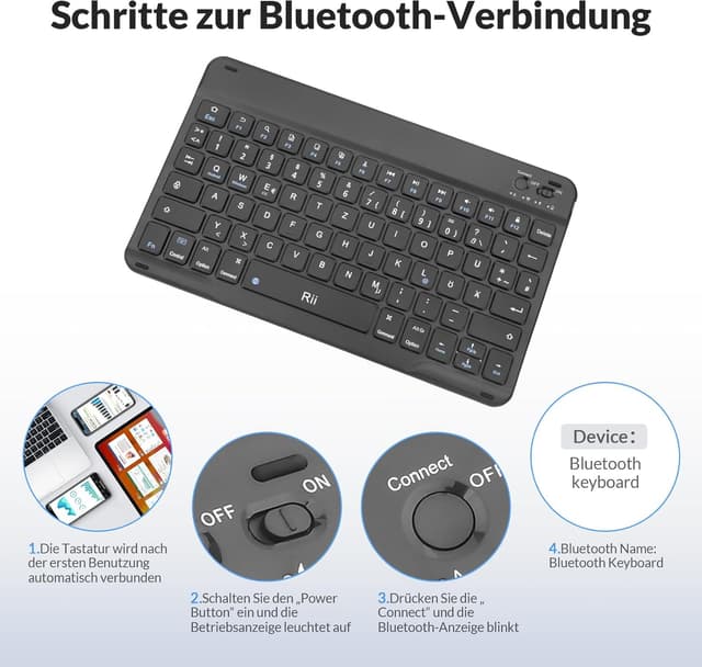 Detalle de Rii Bluetooth Tastatur für Tablet – ultradünne Slim-Tastatur mit Scissor-Mechanik, QWERTZ, wiederaufladbar (schwarz)
