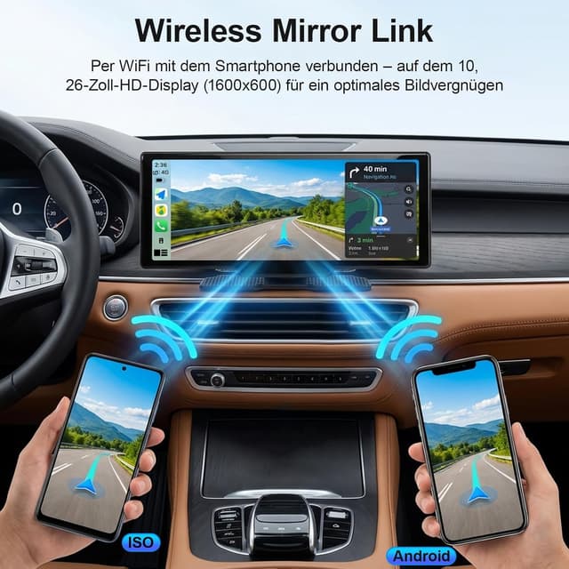 Detalle 2 de 10,26-Zoll Wireless CarPlay/Android Auto Display mit 4K Dashcam & Rückfahrkamera, Bluetooth, Split Screen und FM/AUX