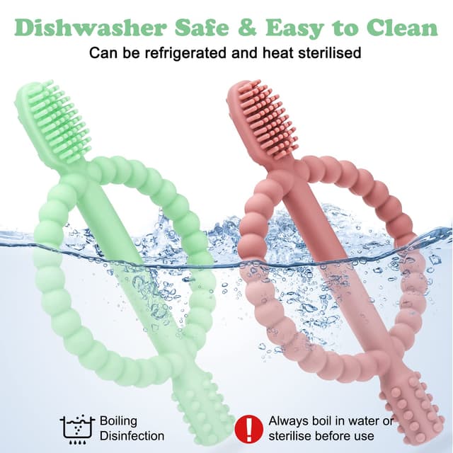 Detalle 2 de Baby Teething Toys with Easy-Hold Handle, Silicone Infant Toothbrush (0–12 Months) — Bright Green & Caramel