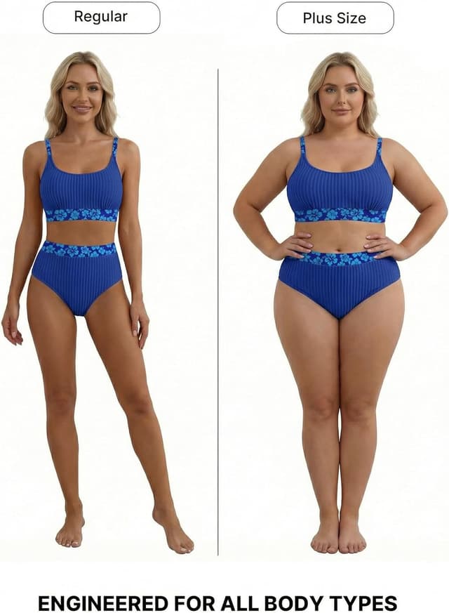 Detalle 2 de Herseas Women's Textured Bikini Sets Floral Print Trim Scoop Neck High-Waisted Bathing Suit