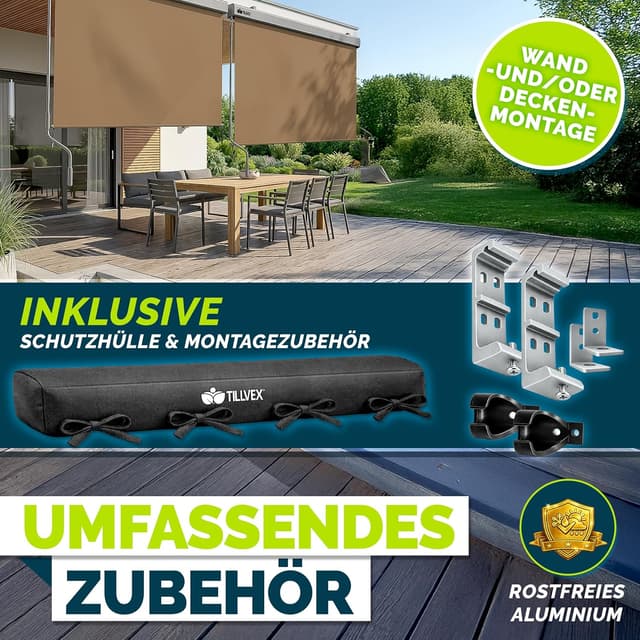 Detalle de tillvex® Senkrechtmarkise 200 x 250 cm mit Regencover – Außenrollo für Sicht- und Sonnenschutz am Balkon